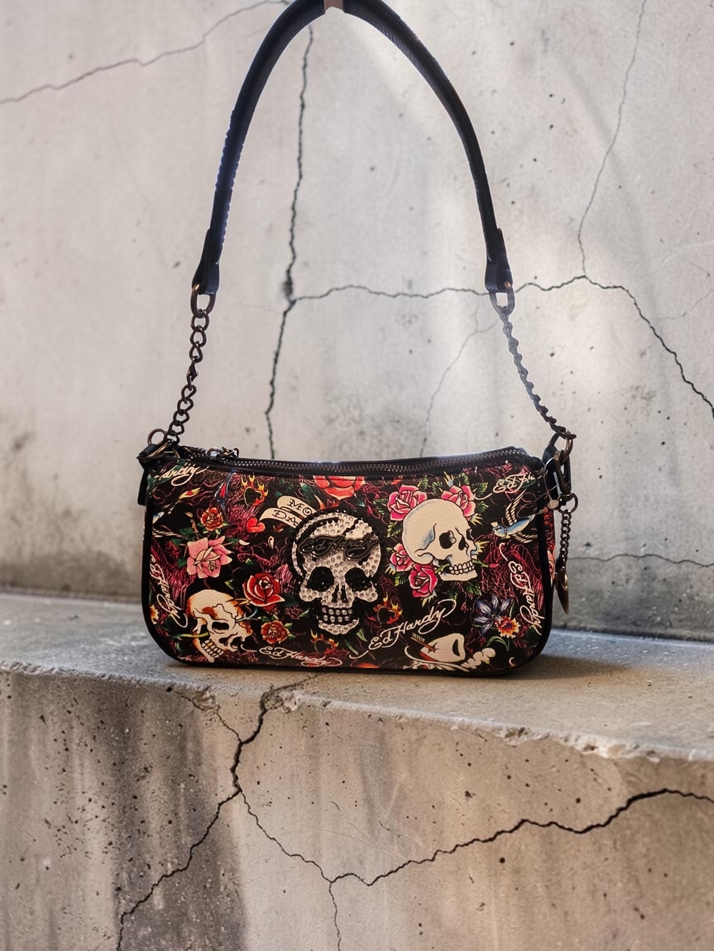Ed Hardy Skull Patch & Rose With Rhinestones Heart Charm Crossbody Bag 10"x5.5x2